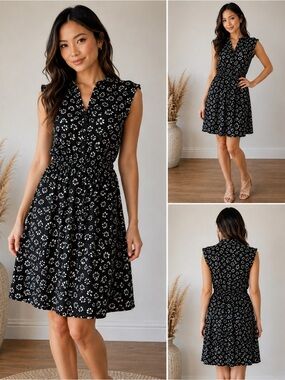 JACOB Cherry Print Fit & Flare Dress XS Black White Knee Length